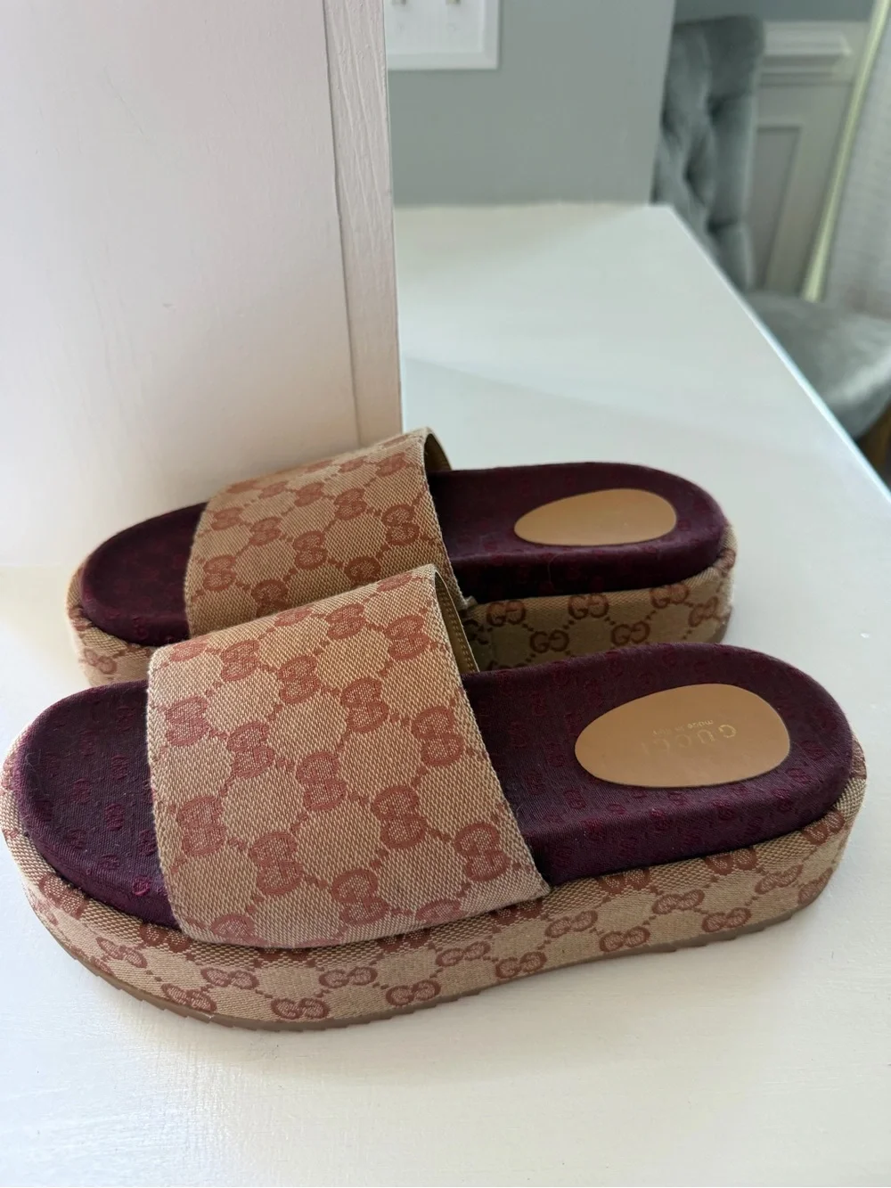 Platform Slide Sandals in Beige Monogram with Burgundy Footbed